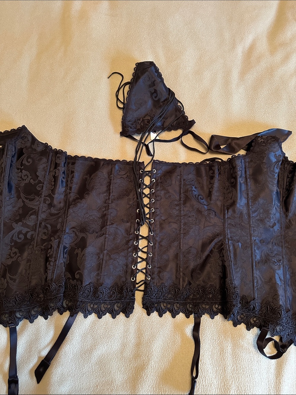 Frederick's of Hollywood Black Satin Lace-Up Corset with Triangle Bra